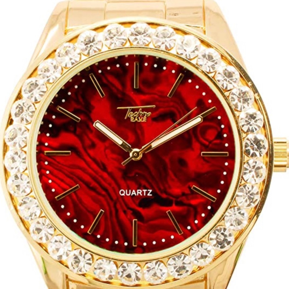 Gold Iced Out Marble Dial Watch w/Solitaire Bezel